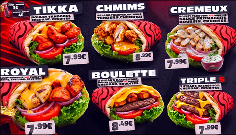 Menu board 1 : Tikka, Chmims, Crémeux, Royal, Boulette, Triple S