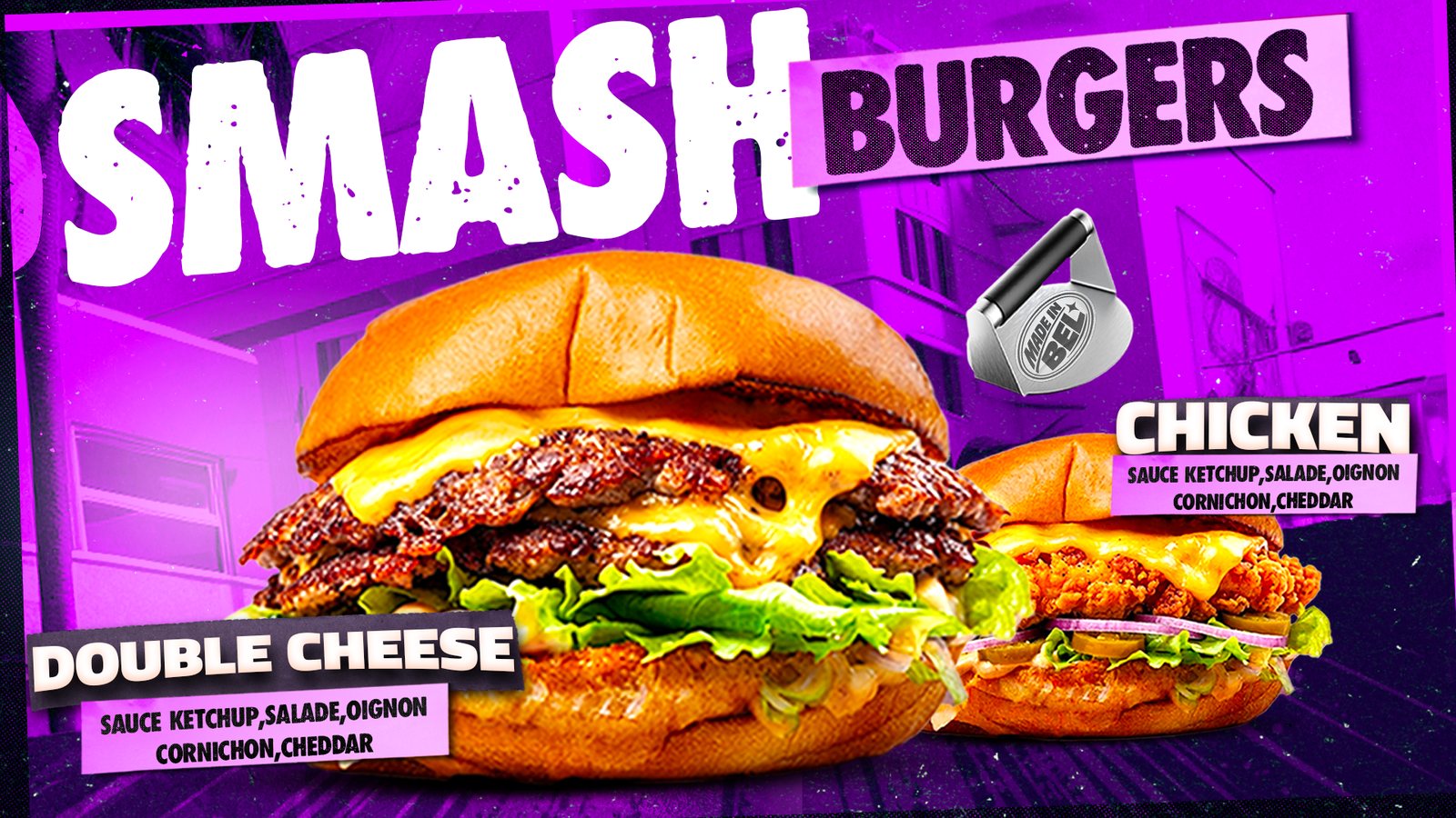 Menu board Smash Burgers : Double Cheese et Chicken