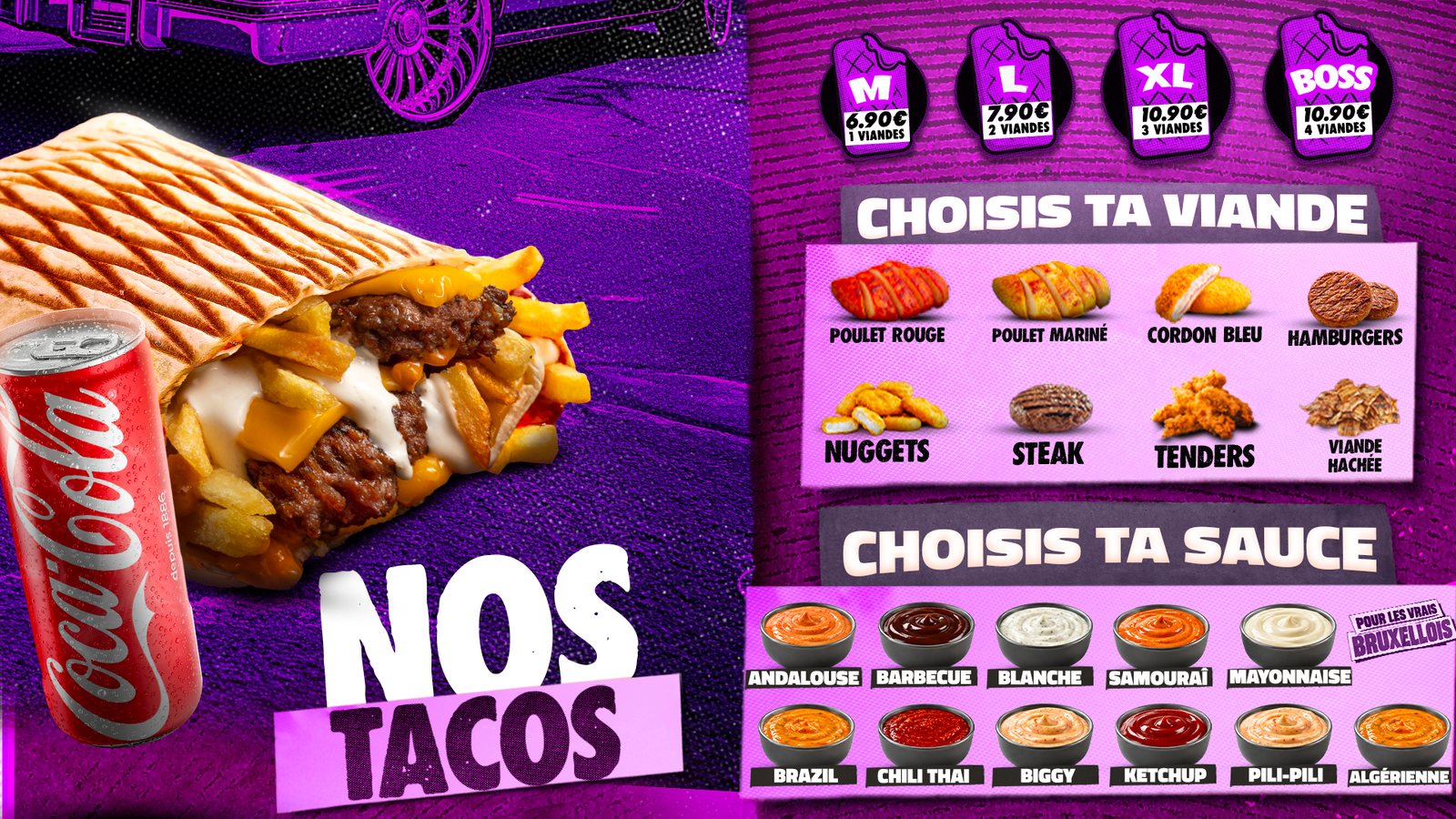 Menu board Nos Tacos : tailles M à Boss, choix de la viande et de la sauce