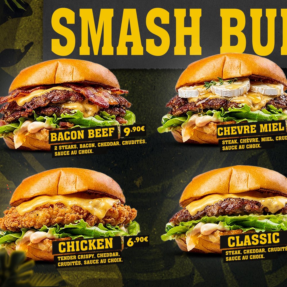 Smash burgers Cinq7 : Bacon Beef, Chèvre Miel, Chicken, Classic